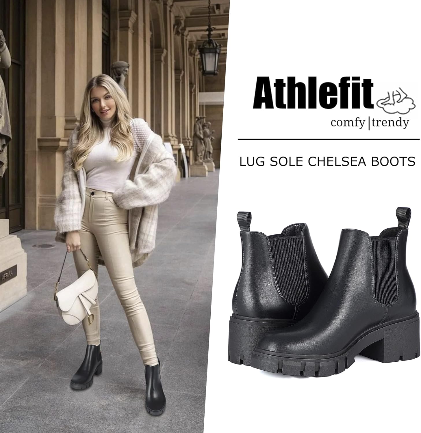 Athlefit Women's Chelsea Boots Fashion Lug Sole Chunky Heel Slip on Elastic Ankle Booties - Image 2