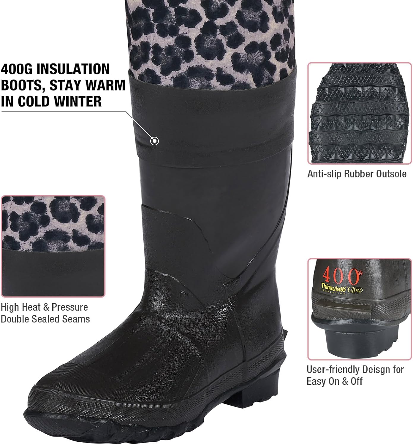 HISEA Womens Chest Waders, 4.5mm Neoprene Leopard Hunting Wader for Women with 400G Insulated Boots, Waterproof Fishing Wader - Image 4