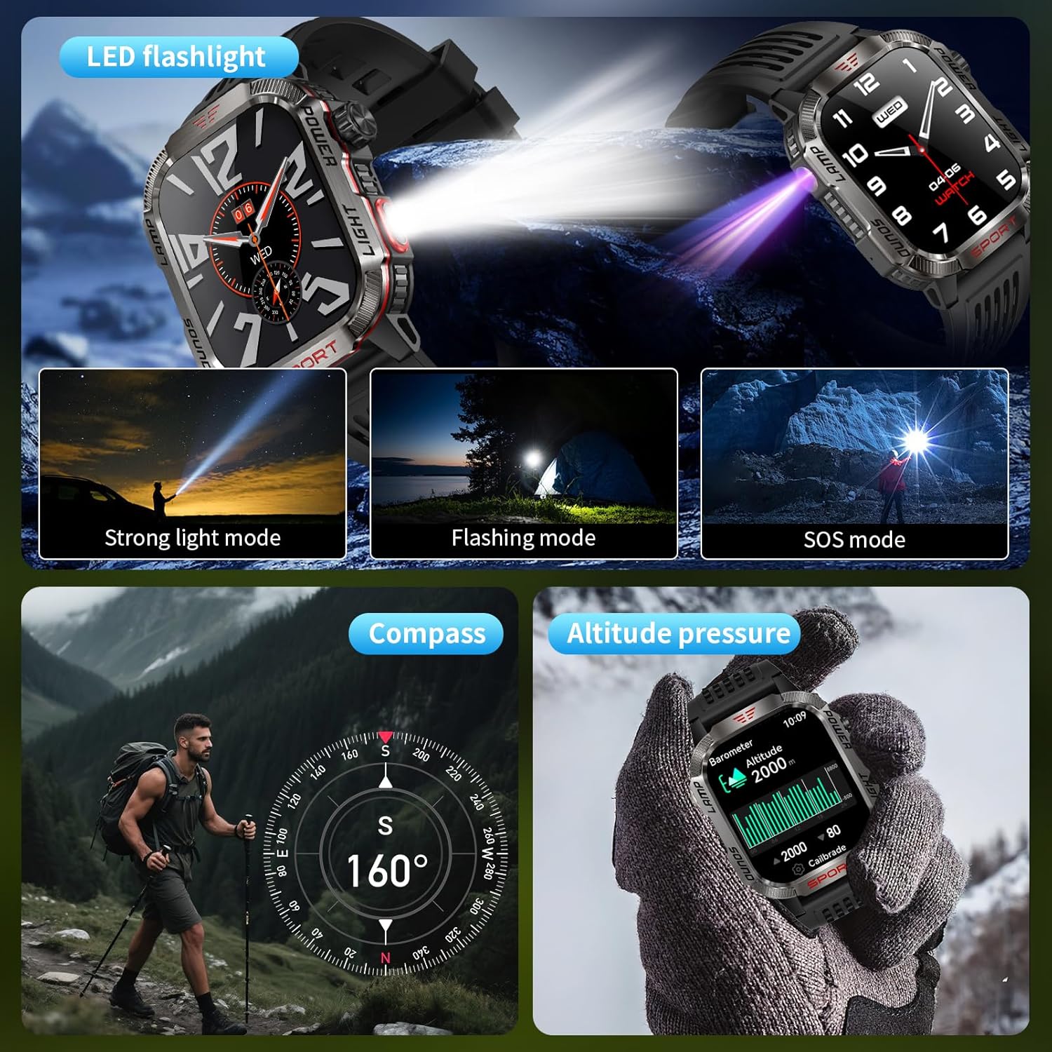 Military Smart Watches for Men - 40 Days Battery Life, Compass & Flashlight - 2.01'' HD IP68 Waterproof Smart Watch, Fitness Tracker with Call, Heart Rate, Sleep Monitor,100+ Sport Modes - Image 3