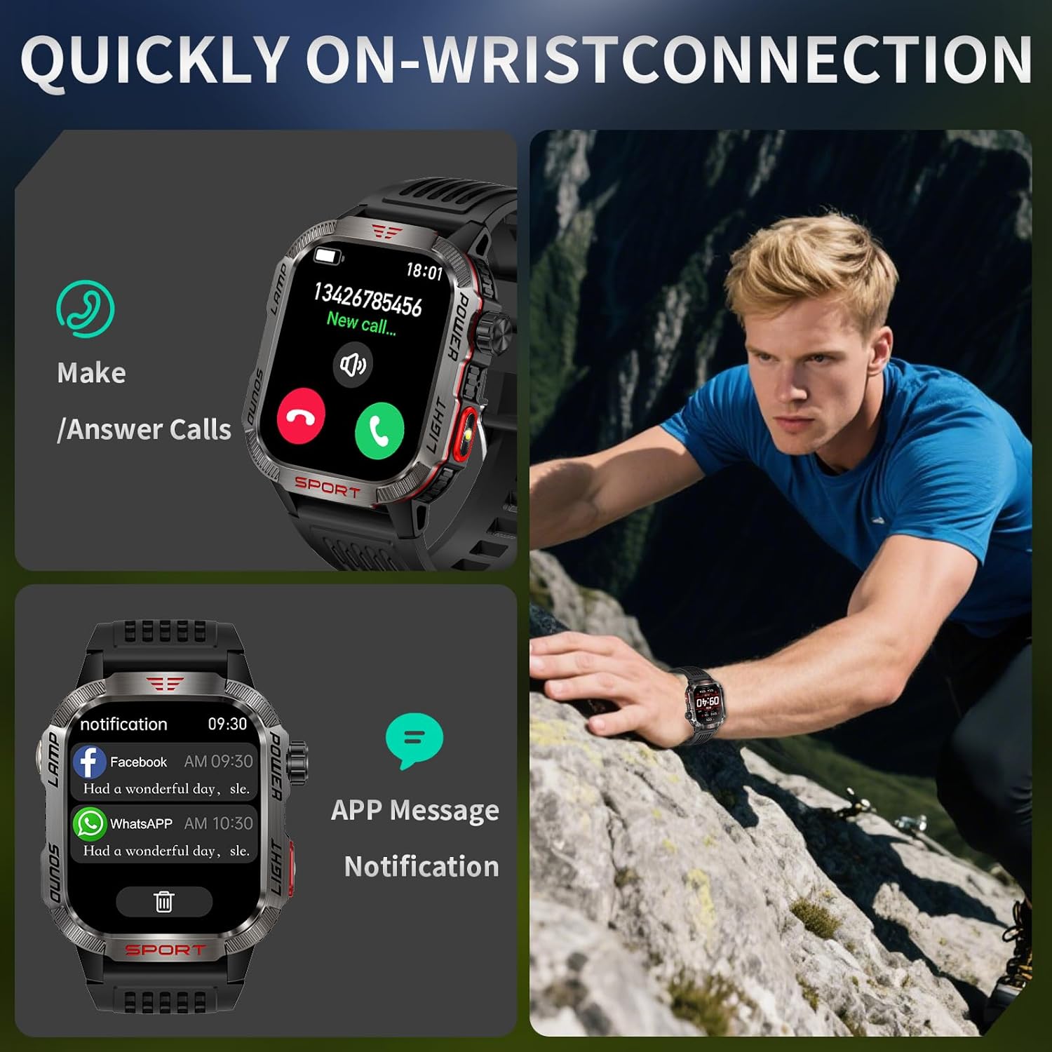 Military Smart Watches for Men - 40 Days Battery Life, Compass & Flashlight - 2.01'' HD IP68 Waterproof Smart Watch, Fitness Tracker with Call, Heart Rate, Sleep Monitor,100+ Sport Modes - Image 5
