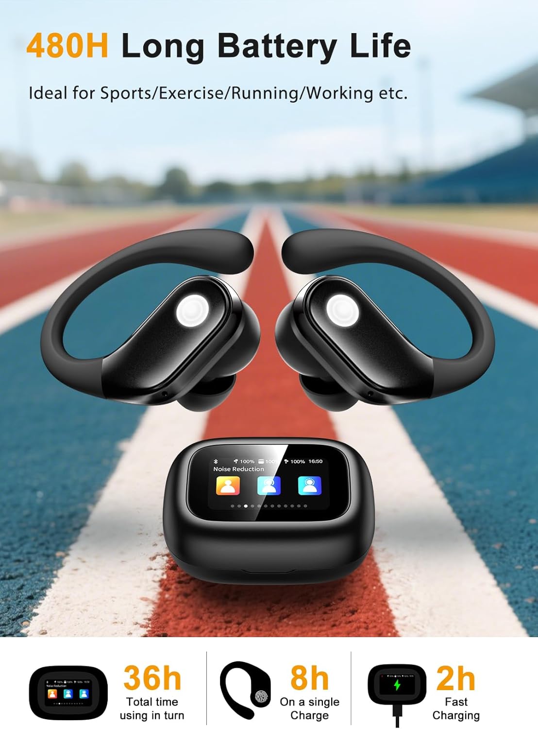 Wireless Earbuds, ENC Noise Cancelling Sport Ear Buds with Multifunctional Touch Screen, Bluetooth 5.4 Headphones, Bass Stereo Sound, 5 EQ Over The Ear Earbuds for Sports/Workout/Gym-Black - Image 3